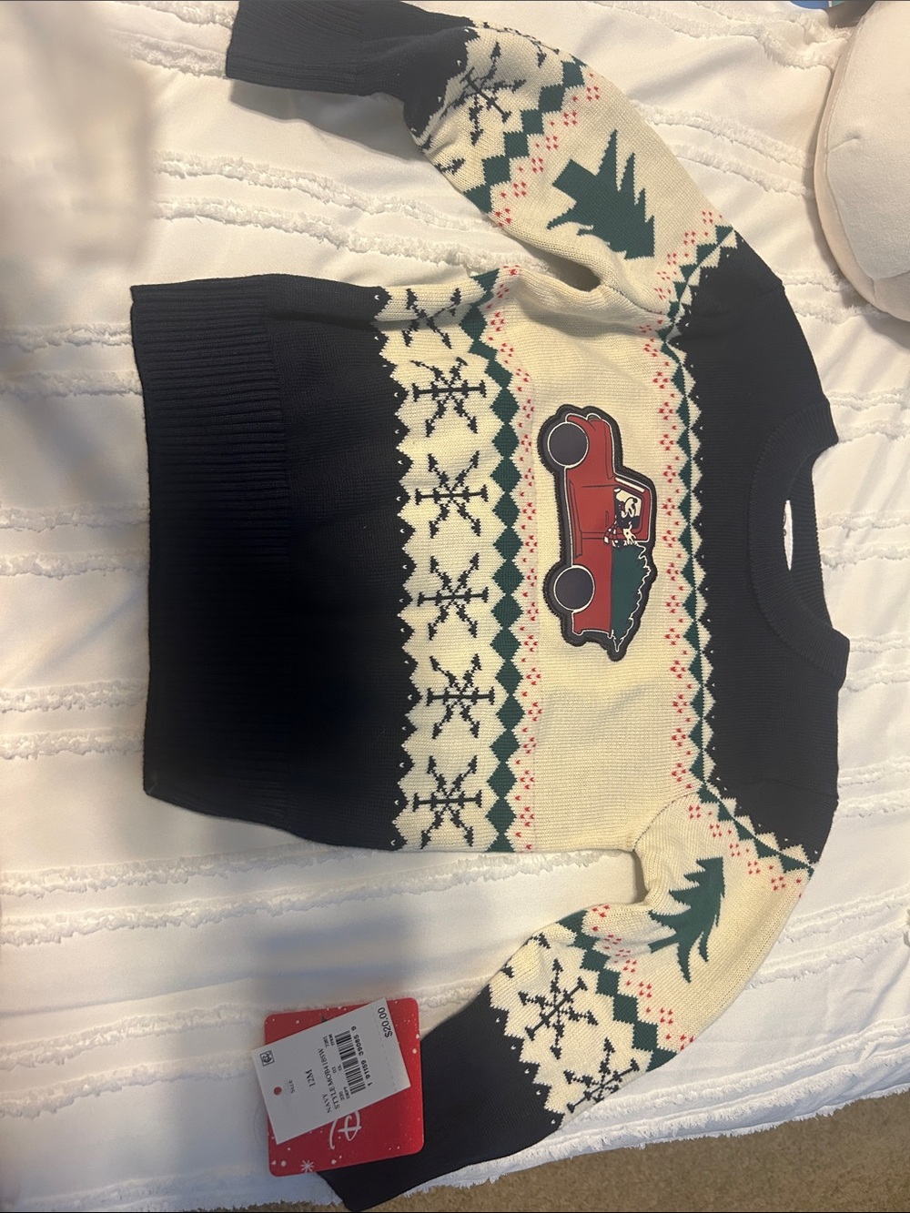Disney Black Sweater with Cream Sleeves and Green Tree Motif